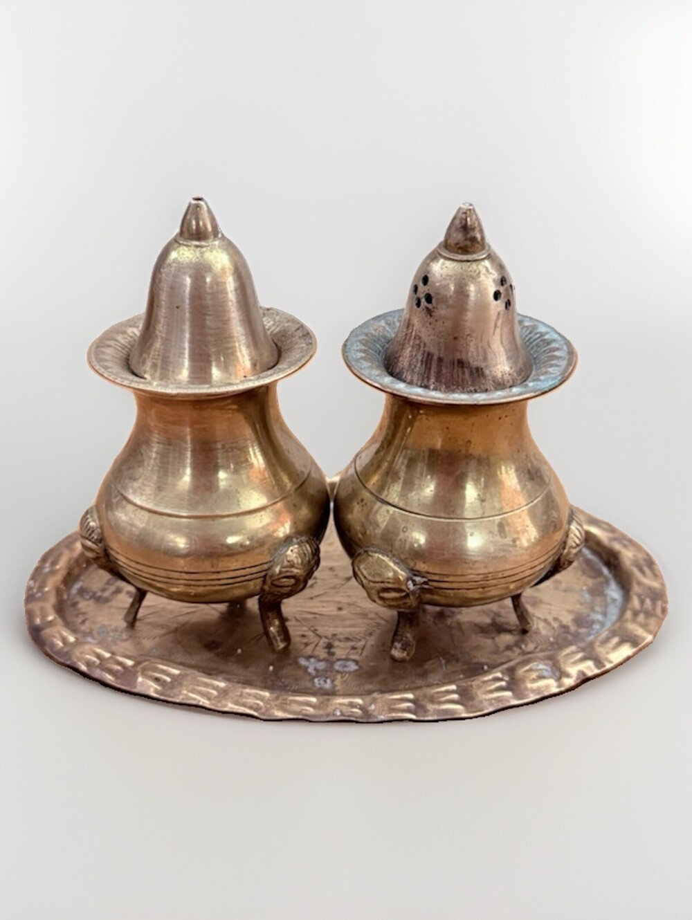 Vintage Collectible Brass Salt and Pepper shaker Set Of 3   1970s Made In India